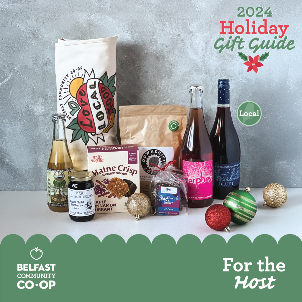 Gifts for the Host featuring local goods available at the Belfast Community Co-op in Belfast, Maine