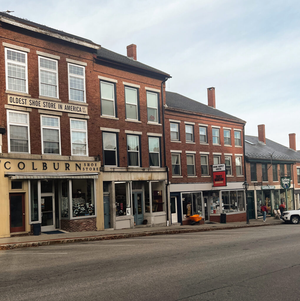 Photo of downtown Belfast, Maine shops including Colburn Shoe Store, Home Supply Center, and the Green Store encouraging you to shop local!