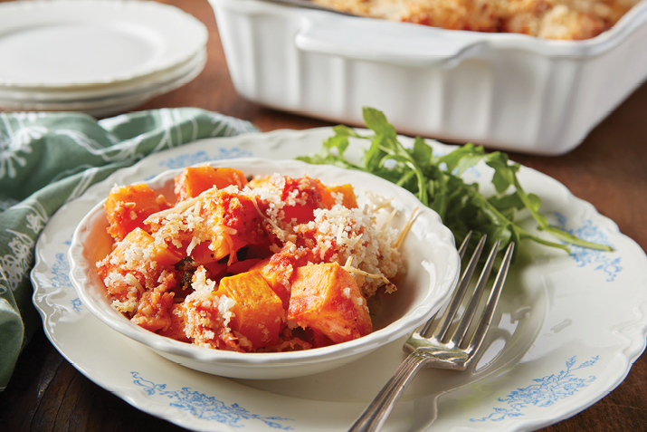 Butternut squash becomes soft and sweet in the oven. With a tantalizing flavor of sage, layers of tangy tomato sauce, Asiago cheese and crunchy panko crumbs and parmesan, you’ll want to make this every fall.