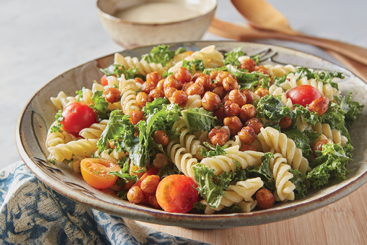Kale Pasta Salad with Crispy Chickpeas